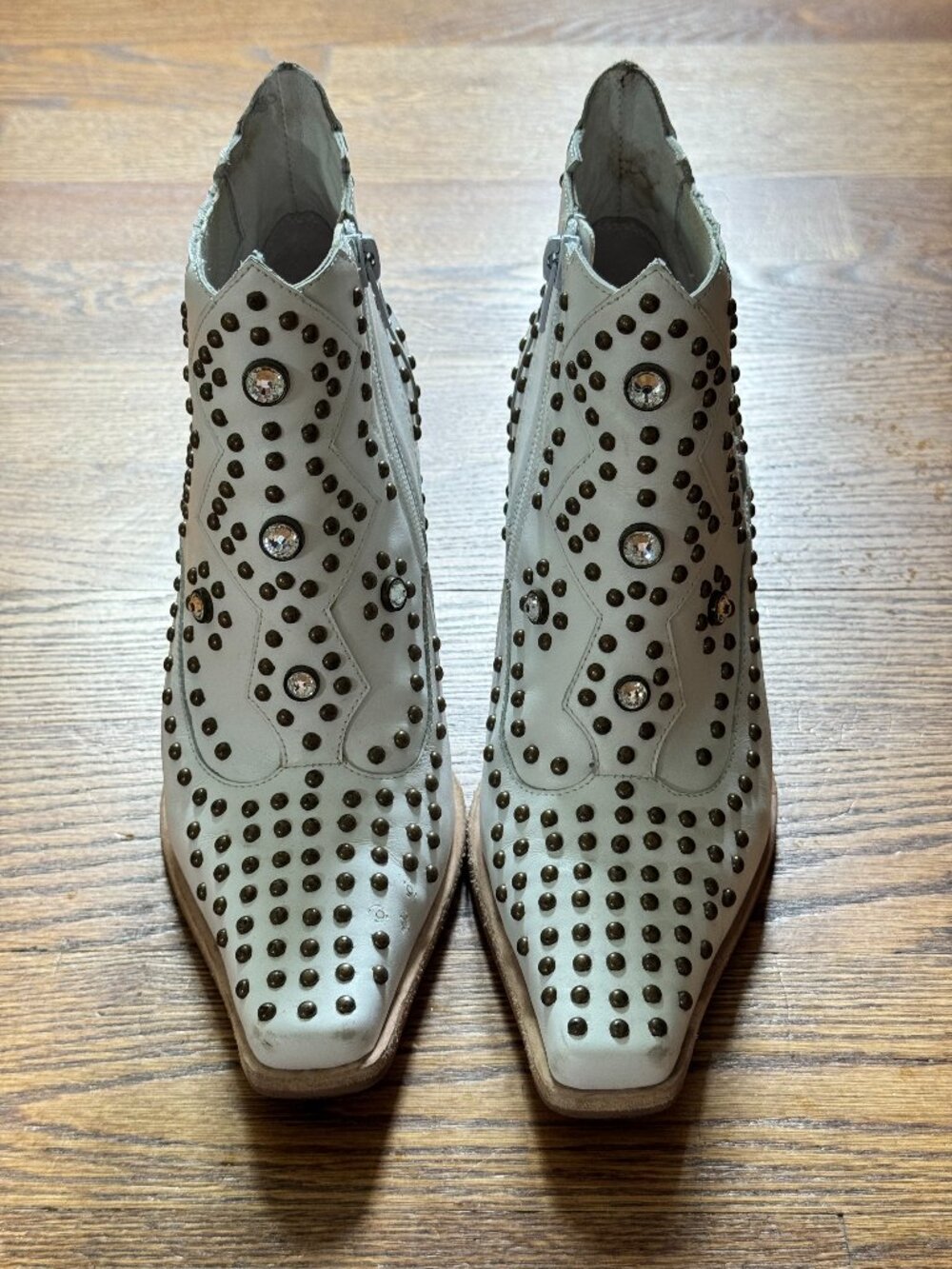 Jeffrey Campbell Show Pony White Leather Studded Crystal Western Ankle Boots 7.5